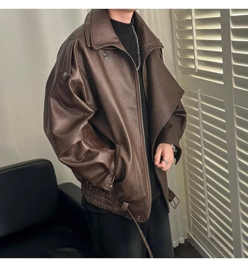 Spring and Autumn Retro PU Jacket Casual Zipper Locomotive Leather Clothes