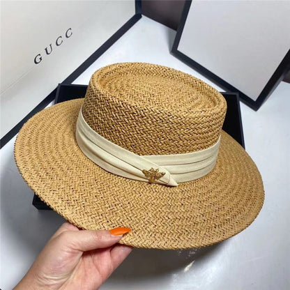 Chapéu de Palha Verão Estilo Flat Top Acessórios Abelha Chapéu de Sol Francês ao Ar Livre Protetor Solar Chapéu de Praia com Aba Grande