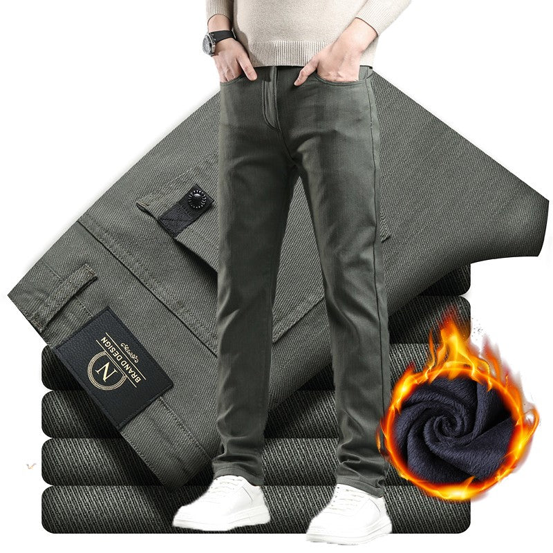 Fleece Pants Men's Winter Thick Slim Elastic Business Casual Velvet Pants Warm Fashion Solid Color Plush Trousers Male