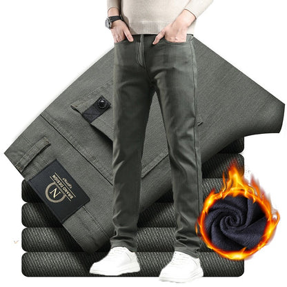 Fleece Pants Men's Winter Thick Slim Elastic Business Casual Velvet Pants Warm Fashion Solid Color Plush Trousers Male