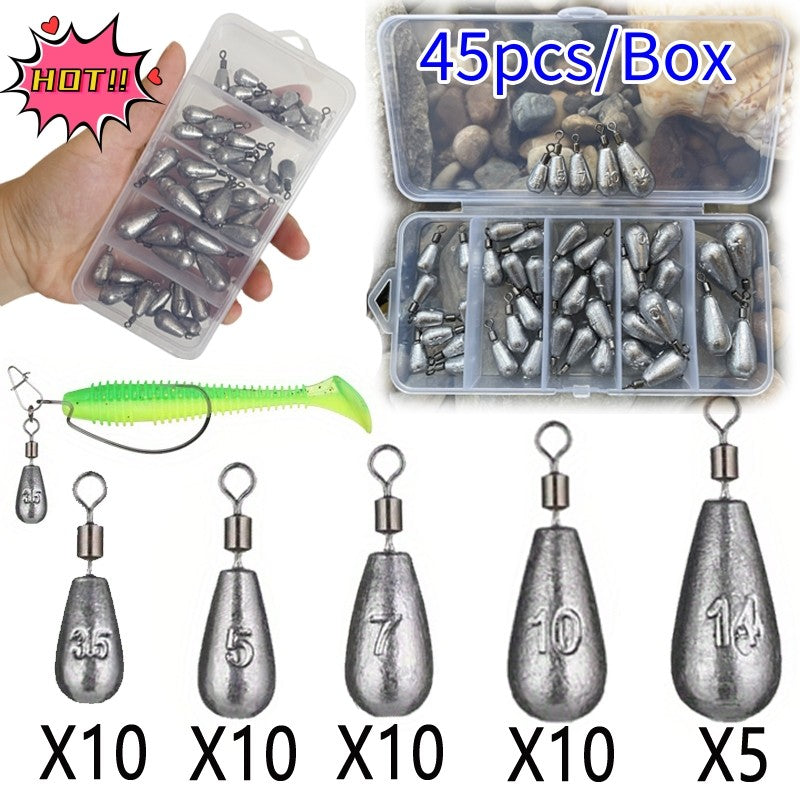 45 PEÇAS/Caixa Chumbo Drop Shot para Pesca 3.5g 5g 7g 10g 14g Chumbada Tubo Bala Pingente Jig Metal Kit Pesca Ferramenta