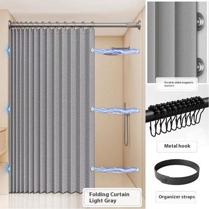 Bathroom Folding Linen Shower Curtain with Magnets Waterproof Suitable for Walk-in Shower Does Not Include Telescopic Rod