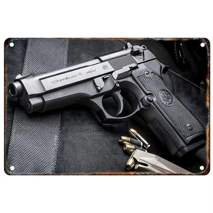 GUNHERO Pistol Metal Wall Signs - Bold Military Style - Perfect Decor for Man Caves, Homes, Bars & Garden Spaces