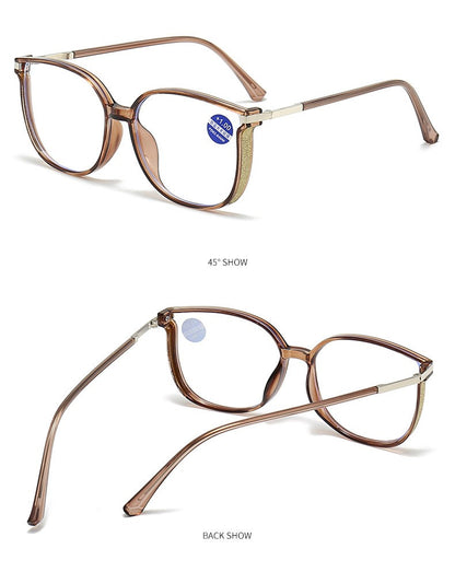 Blue Light Blocking HD Women Reading Glasses Stylish Presbyopic Eyeglasses Plano Eyewear Dazzling Large Frame Set with Diamonds