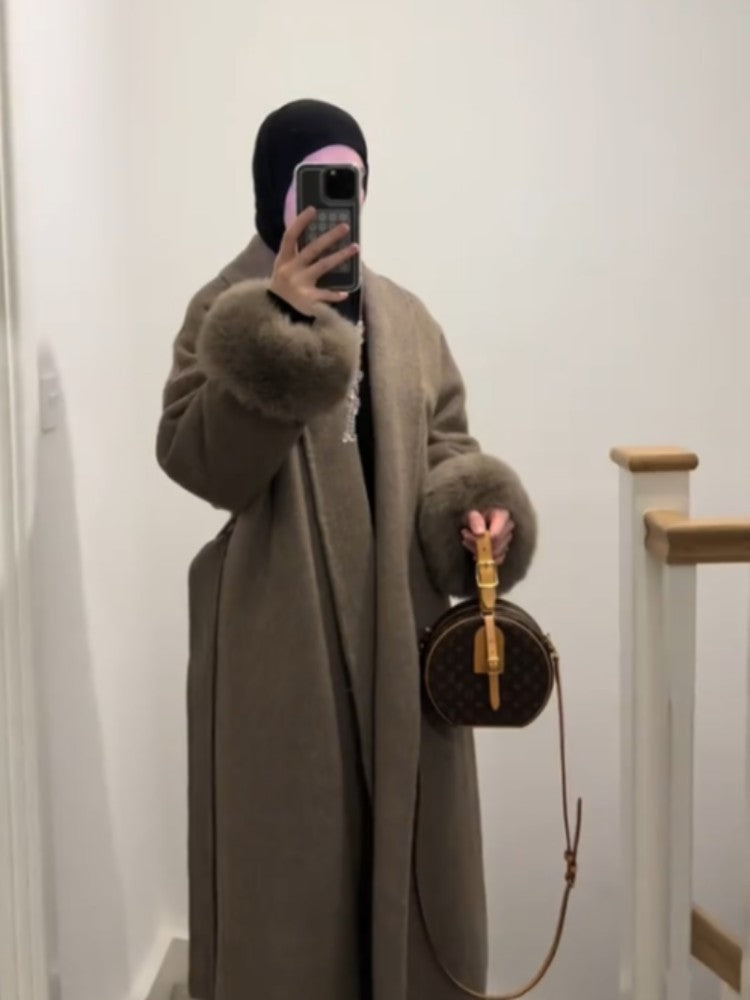 Elegant Faux Fur Cuffs Woolen Coat With Belt For Women Fashion Lapel Long Sleeve Lace Up Maxi Jacket Lady 2025 Autumn Outerwear