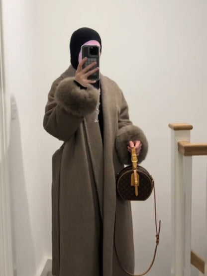 Elegant Faux Fur Cuffs Woolen Coat With Belt For Women Fashion Lapel Long Sleeve Lace Up Maxi Jacket Lady 2025 Autumn Outerwear