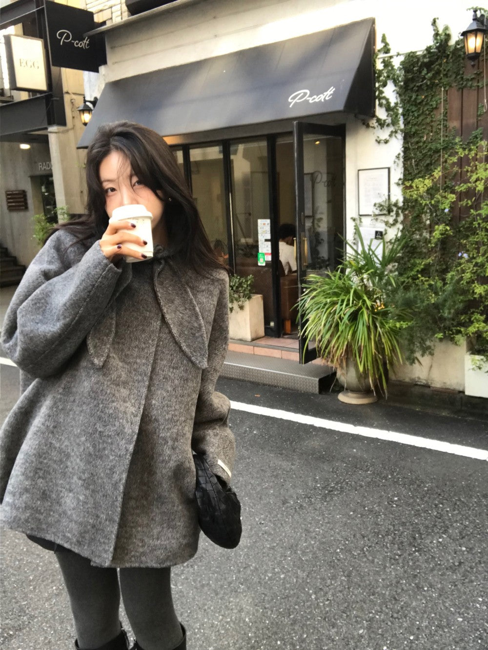 Korean Sle Woolen Coat Women's Chic Temperament Sweet Bow Tie Collar Hooded Warm Woolen Coat Long Sve Mid-Length