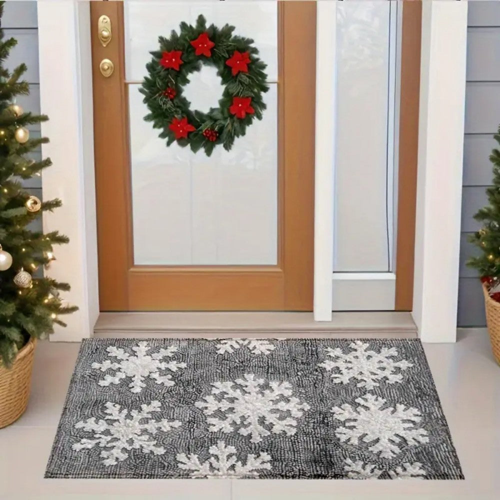 VIKAMA 1PC Winter Christmas Floor Mat 2D Print White Snowflake Pattern Bathroom Kitchen Entrance Home Bedroom Holiday Decor Rug