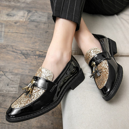 British Style Sequined Leather Shoes Men Golden Men's Loafers Big Size 38-47 Luxury Comfortable Business Shoes Men Formal Shoes