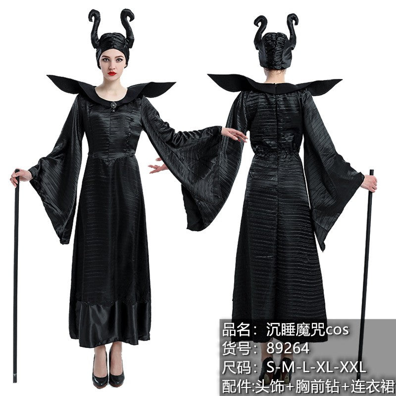Maleficent Halloween Costume Dress for Adult Witch Clothes with Maleficent Horns Hat Outfit Women Evil Dress Demon Queen