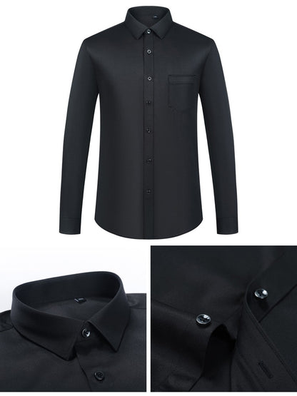 Men's Sleek Stretch Long Sleeve Button Up Shirts with Chest Pocket, Solid Color Formal Business Wrinkle Free Menswear Clothing