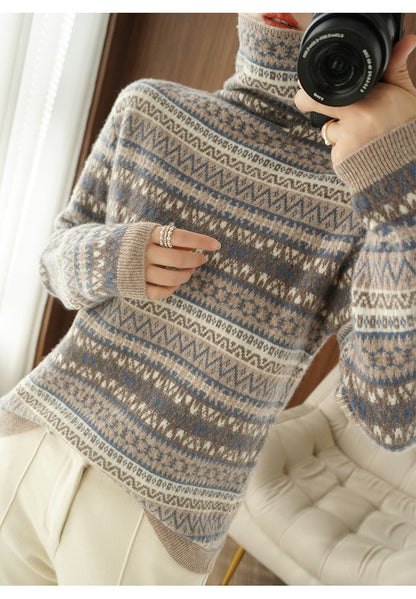 Autumn and Winter New 100% Wool Cashmere Sweater Women's High Neck Pullover Casual Knitted Loose Korean Fashion Color Block Top