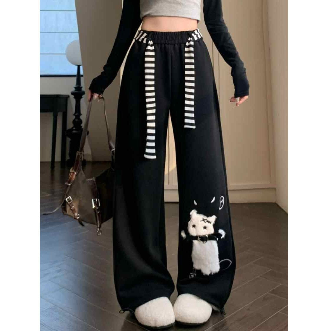 Cat Sweatpants Women Black Wide Leg Cute Casual Pants American Lazy Loose Fit Streetwear Spring Summer Trendy Unisex Outfit New