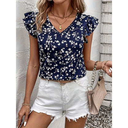 Shirt Fashion women's commuting V-neck breathable lace sleeve Tibetan blue small floral print design unique niche new noble shir