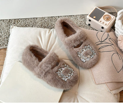 2025 Autumn Winter Children Warm Fur Shoes Fashion Rhinestone Moccasins Flats Outwear Girls Shoes Khaki, Beige, White