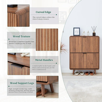 Slim Walnut Shoe Cabinet with Fluted Design and Dual Flip Drawers for Entryway Storage
