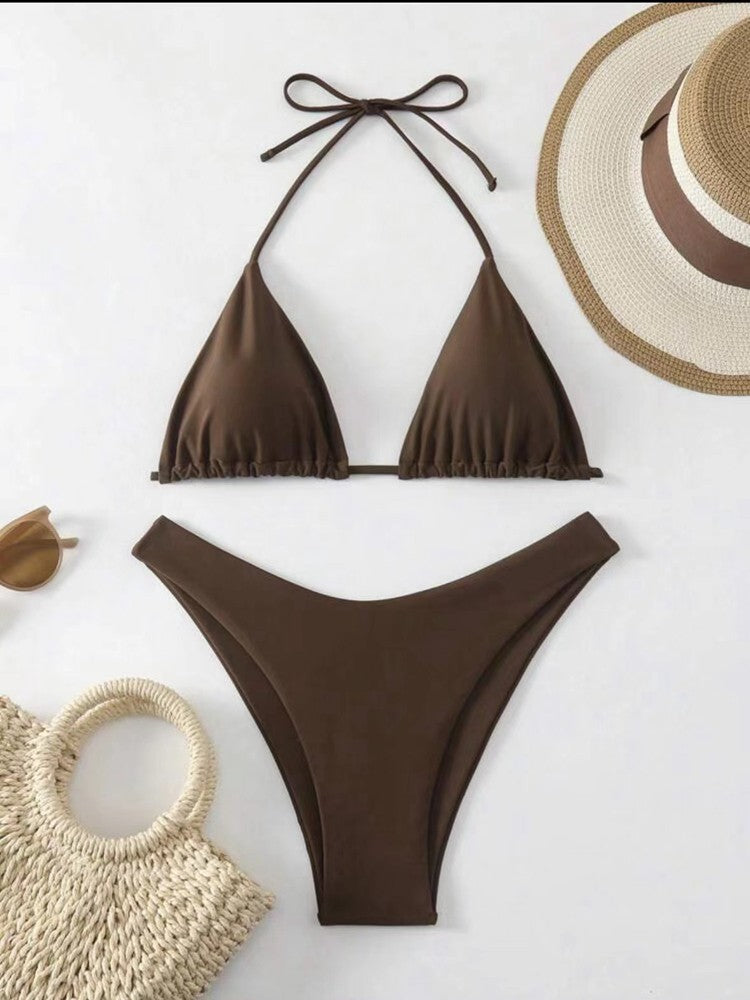 2025 New Bikini Set Women Sexy Simple Solid White/Black/Coffee Halter Bikini Swimsuit Lace Up Brazilian Beach Bathing Suit