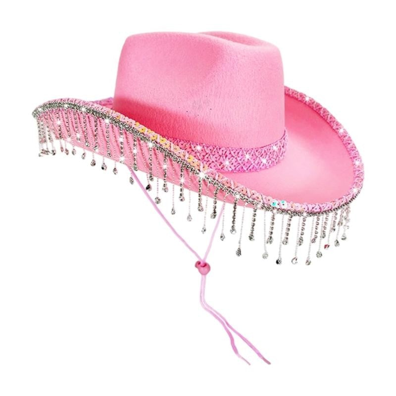 31BB Western Bridal Accessory Rhinestones Studded Tassels Lace Cowboy Hats Panama Hat Photography Props