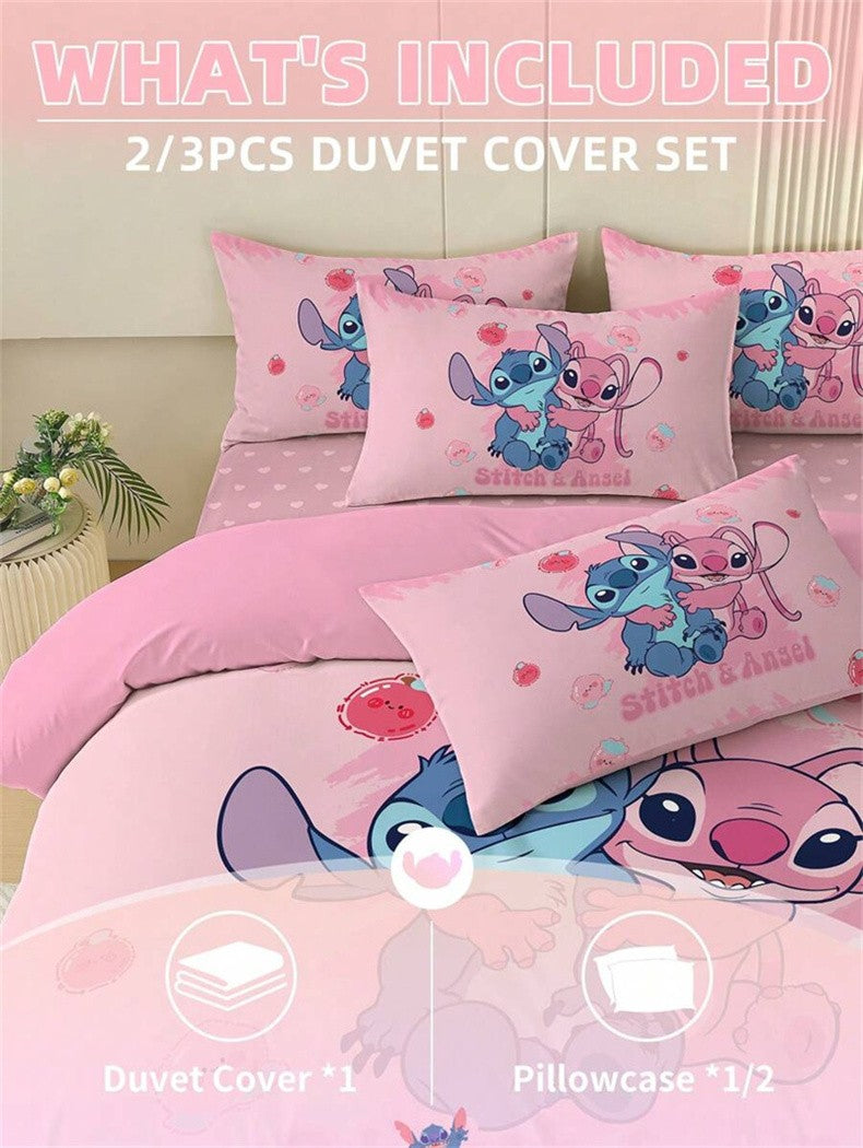 2/3pcs Stitch Duvet Cover Set Pink Bedding Skin-Friendly and Comfortable Cartoon Style Comforter Cover Set Decor