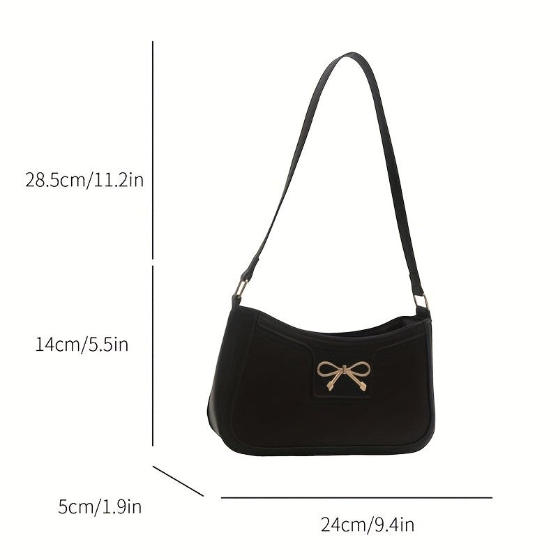 Chic Black Crescent Shoulder Bag for Women Elegant Underarm Purse with GoldenTone Bow Detail Polyester Lined Stylish PU Tote Bag