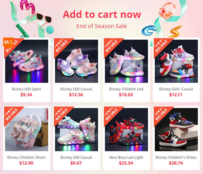 Disney Children's Sneakers Boys Girls Spiderman Led Light Sport Shoes Student Shoes Hook Anti-slip Kids Outdoor Basket Shoes