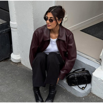 Full Sleeve Cropped Women Casual Slim Thin Motorcycle Coat Chic Zipper Lapel Wine Red Leather Jacket Lady New Highstreet Outwear