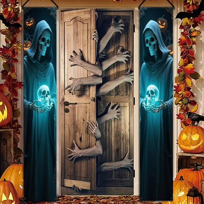 Party Banner,, Halloween Party Decorative Couplets, 2D Hanging Banners with Skeleton Design in Black Robes and Hooded Figures