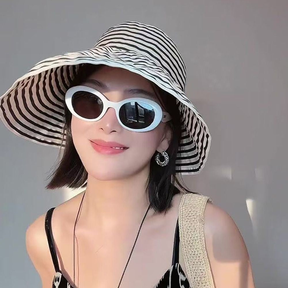 1Pcs Durable Sunproof Striped Bucket Hat Foldable Retro Summer Hat Big Head Circumference Fashion Sunscreen Basin Hat Women
