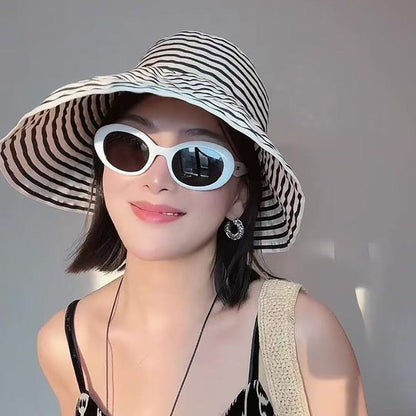 1Pcs Durable Sunproof Striped Bucket Hat Foldable Retro Summer Hat Big Head Circumference Fashion Sunscreen Basin Hat Women