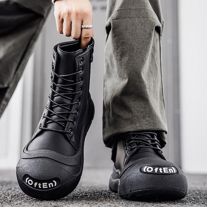 Large-size Autumn High-top Versatile Black Shoes, Men's Outdoor Anti-slip and Wear-resistant Casual Leather Boots