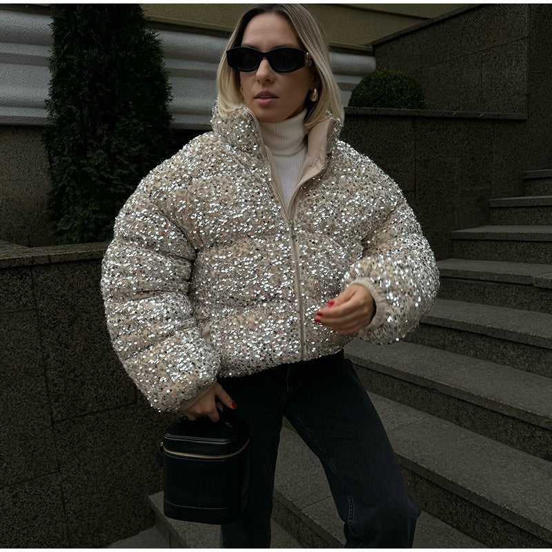 Sparkly Women's Sequin Puffer Jacket Oversize Cropped Stand Collar Zip-Up Party Coat Fashion High Street Female Winter Outerwear
