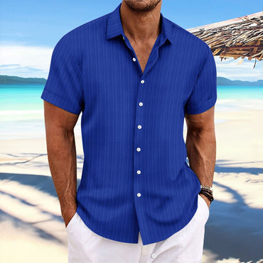 New Men's Cotton and Linen Striped Jacquard Casual Loose Short-sleeved Shirt