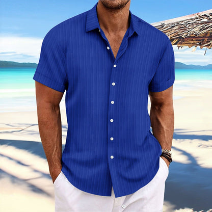 New Men's Cotton and Linen Striped Jacquard Casual Loose Short-sleeved Shirt