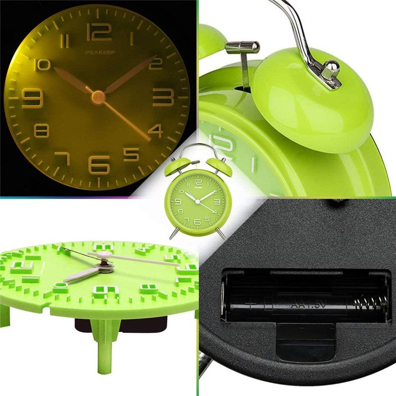 4 Inch Twin Bell Loud Alarm Clock Metal Frame 3D Dial with Backlight Battery Operate Desk Table Alarm Clock For Home and Office