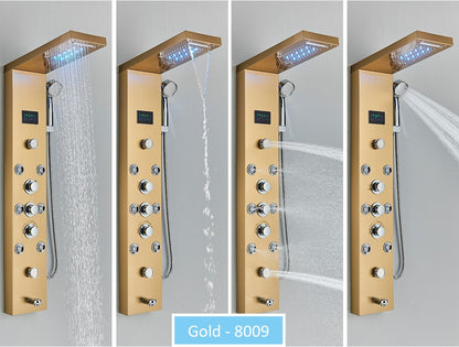 Sistema de Torre de Painel de Chuveiro de LED Coluna de Chuveiro de Cascata de Chuva com Tela LCD de Hidroeletricidade com Torneira de Chuveiro de Spa de Corpo com Massagem