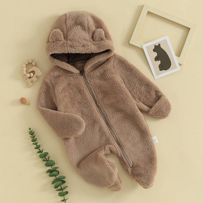 0-12M Baby Plush Warm Jumpsuits Boys Girls Long Sleeve Hooded Zipper Romper Newborn Infant Fall Winter Clothes