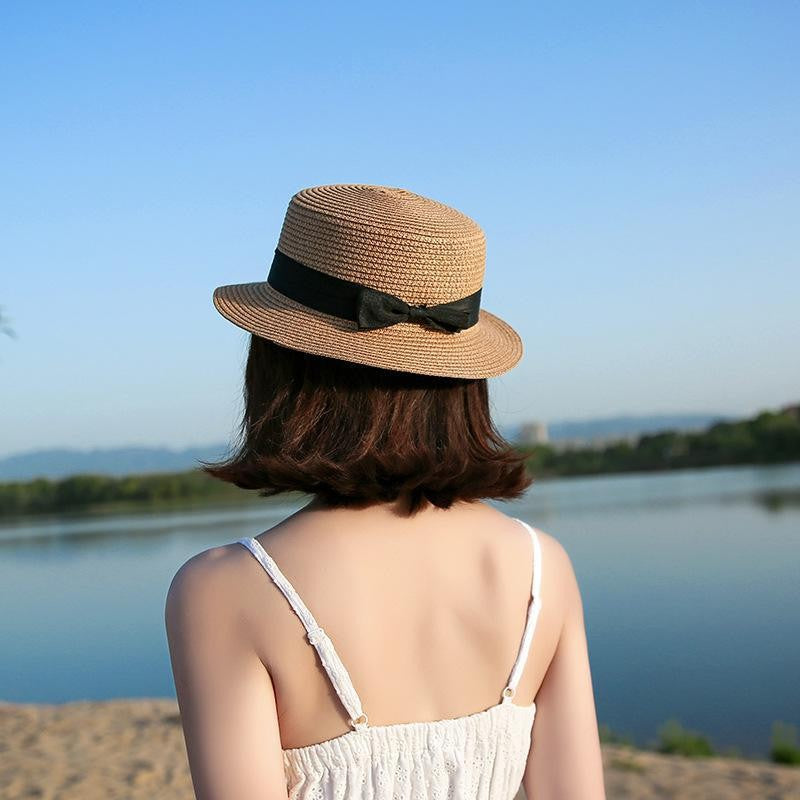 Chapéu Panamá COKK, Simples, de Verão, Praia, Feminino, Casual, Aba Reta, Chapéu de Palha com Laço para Meninas, Chapéu de Sol, Chapéu Feminino