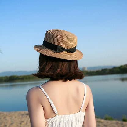 Chapéu Panamá COKK, Simples, de Verão, Praia, Feminino, Casual, Aba Reta, Chapéu de Palha com Laço para Meninas, Chapéu de Sol, Chapéu Feminino