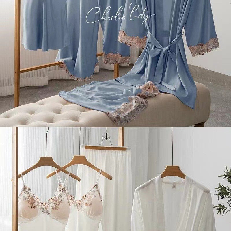 Women's Ice Silk Nightgown Set - Spring/Fall Long-Sleeve Robe Sexy Pure Desire Style with Padded Strapless Nightdress and Pants
