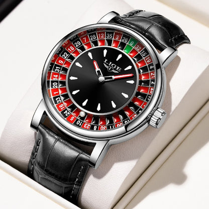 LIGE Quartz Man Watch Fashion Luxury Creative Roulette Game Dial Design Leather Casual Life Waterproof Watches for Men Gifts+Box