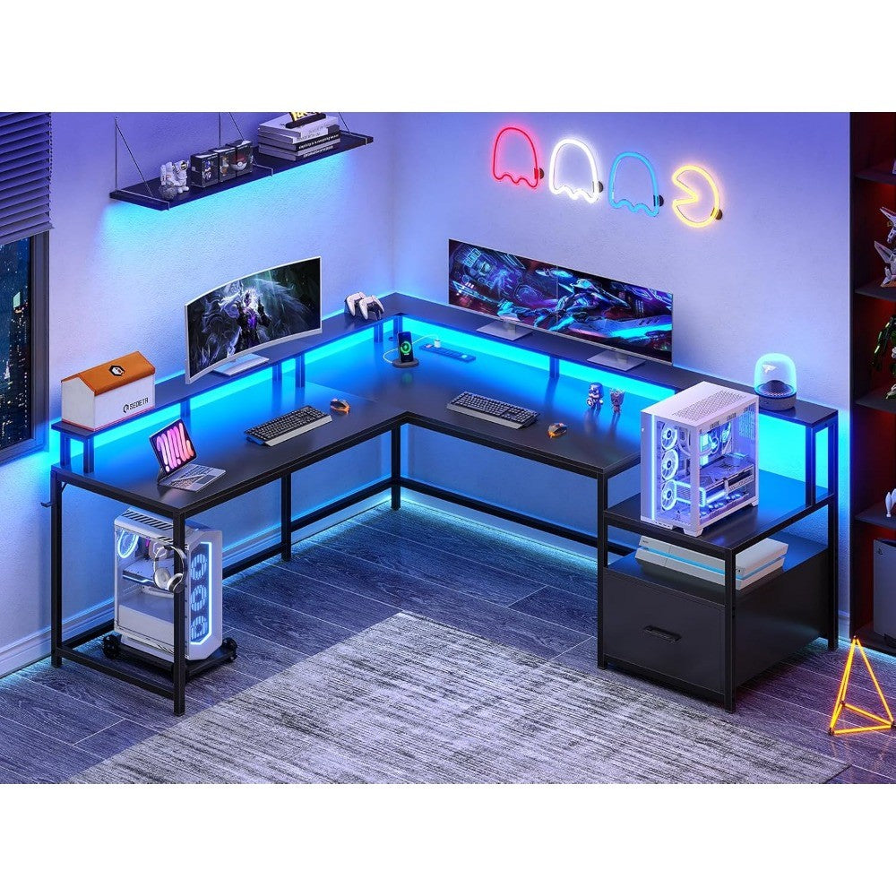 L Shaped Gaming Desk, 66" Home Office Desk with File Drawer & Power Outlet, Corner Gaming Computer Desk with Led Lights,