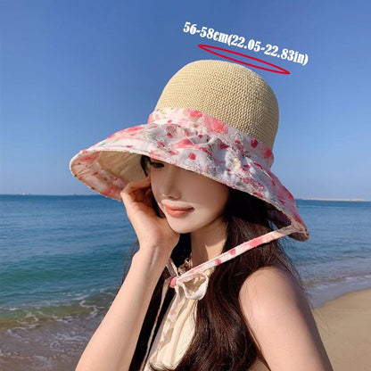 Fashion Flower Print Straw Hat Sun Protection Wide Brim Beach Hat Can Be Used As Bag Breathable Visor Hat Outdoor
