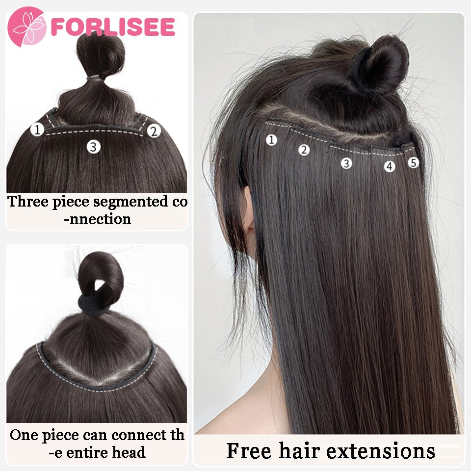 Aplique de Peruca Sintética de Quatro Peças Para Aumentar o Volume do Cabelo Peruca Longa Lisa Preta Fofa Peça de Extensão de Cabelo Invisível Sem Costura