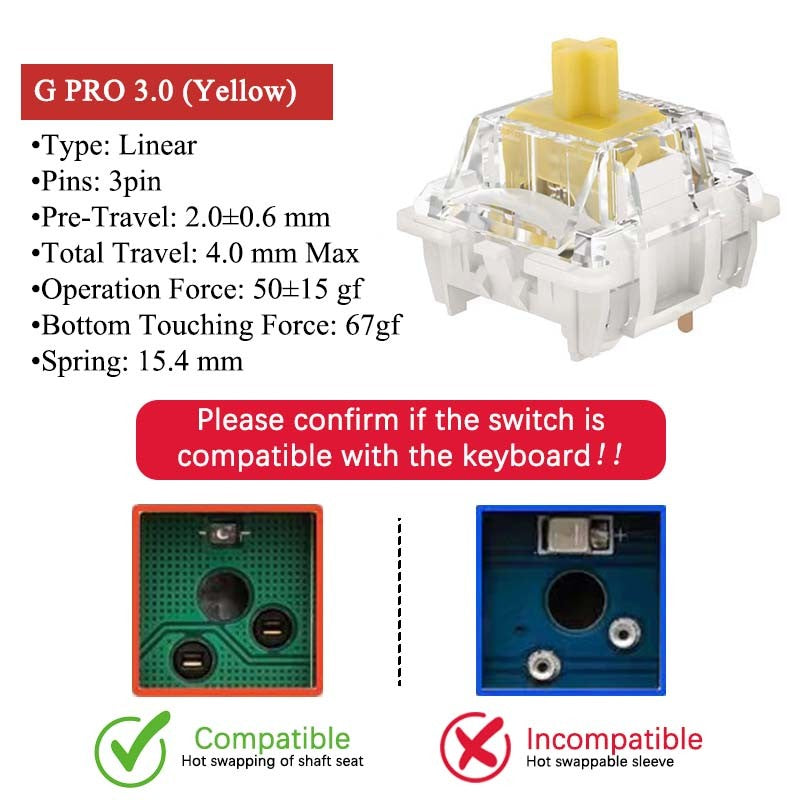 GATERON G Pro V3 3.0 Pro Switch 3 pin para Teclado Mecânico Pré-Lubrificado RGB Linear Tátil Branco Amarelo Vermelho Prata Marrom Eixo MX