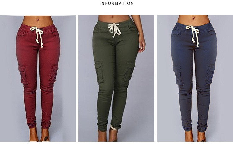 Women Slim Fit Pencil Pants Multi Pocket Drawstring Tie Waist Casual Trousers with Belt