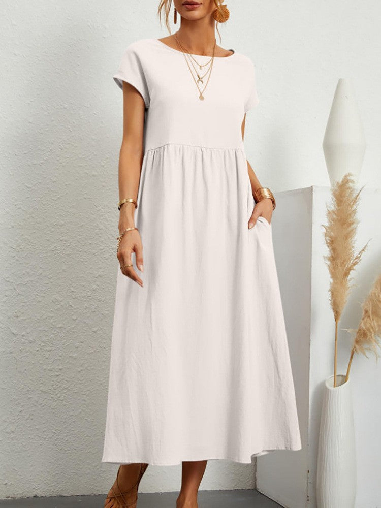 Women Vintage Solid Dress 2023 Summer Elegant O Neck Short Sleeve Cotton Linen D