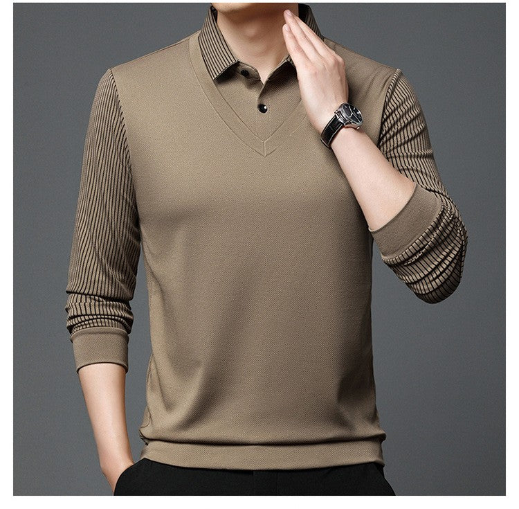 Fashion Fake Two-piece Men Long Sleeve Shirt Stripe Splice Lapel Loose Casual Pullover Tops 2025 Male Formal Business Polo Shirt