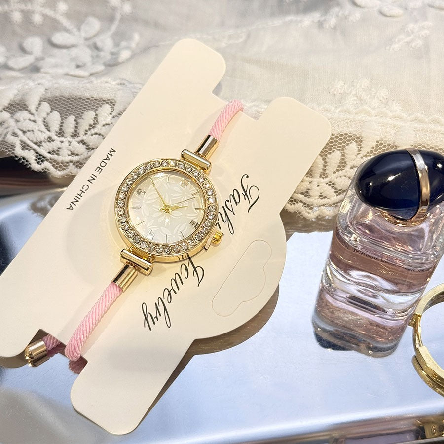 Ladies Colorful Nylon Pull-Style Bracelet Alloy Case Arabic Scale Printed Dial Christmas Quartz Watch Suitable for Holiday Gift