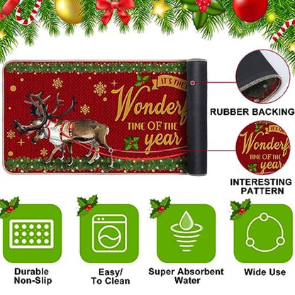 2 Pcs Christmas Kitchen Rugs Black Santa Christmas Decorations Xmas Winter Floor Mats Non Slip Washable Rubber Backing Doormat