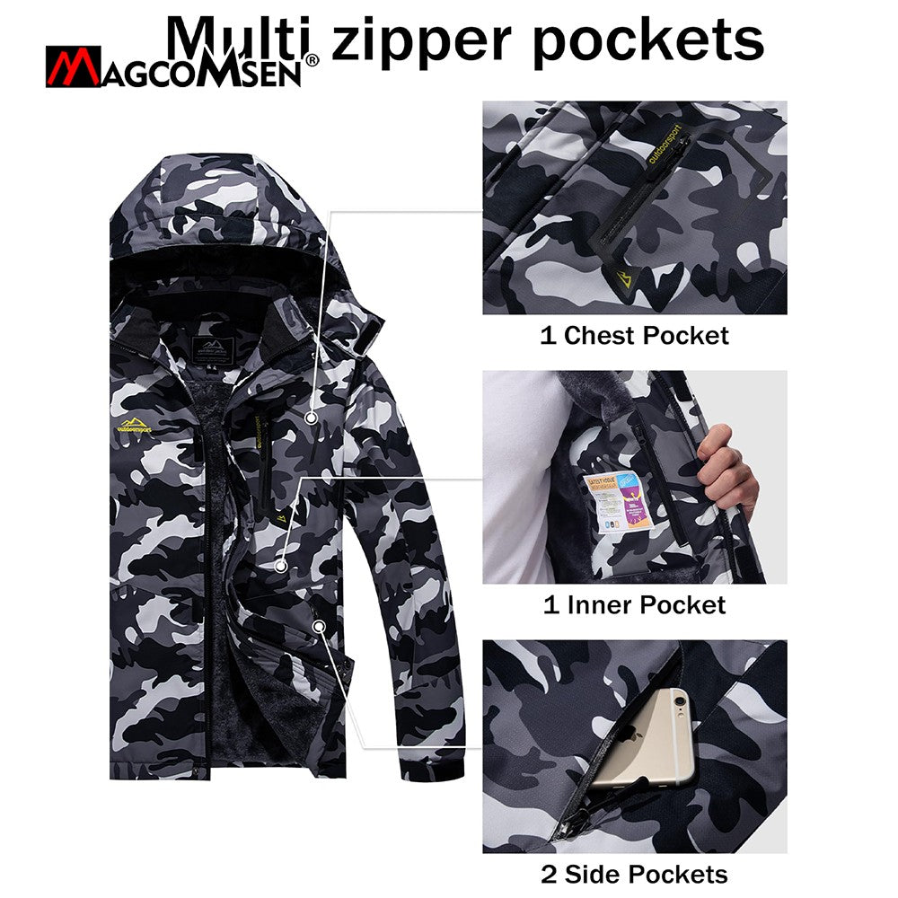 MAGCOMSEN Fleece Ski Jacket Men's Hooded Waterproof Thermal Thick Warm Camo Parka Removable Hooded Coats Winter Snowboard Anorak